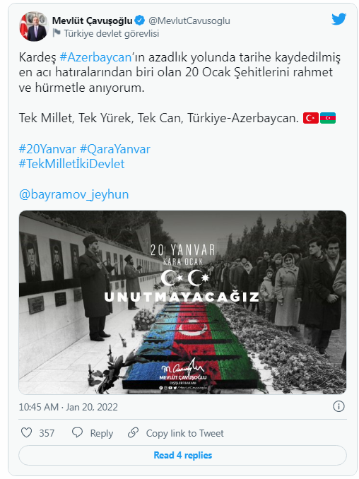 Mövlud Çavuşoğlu Azərbaycan xalqına başsağlığı verdi- FOTO
