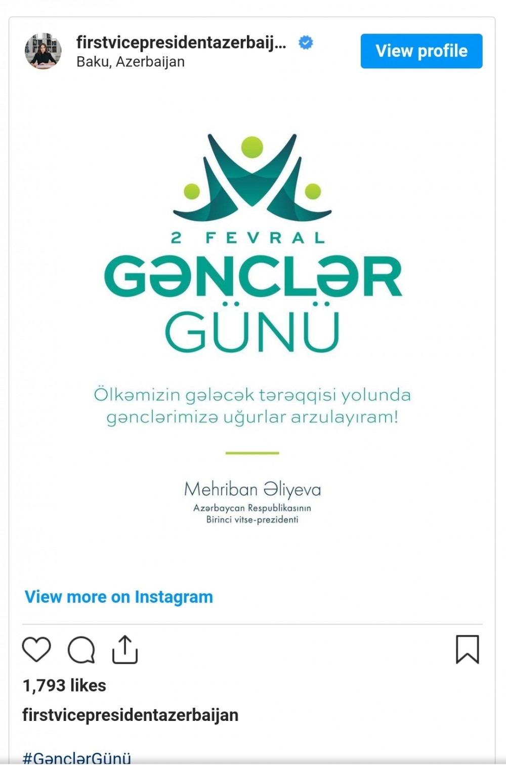 Mehriban Əliyevadan Gənclər Günü ilə bağlıPAYLAŞIM