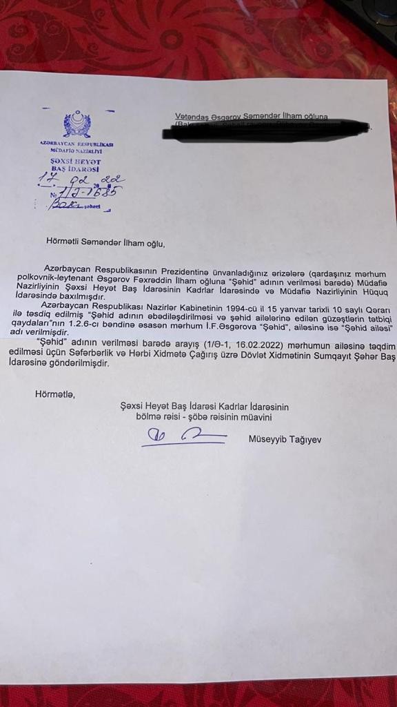 14 ildir nəşi tapılmayan polkovnik-leytenanta ŞƏHİDLİK statusu verildi -Prezidentə müraciətdən sonra