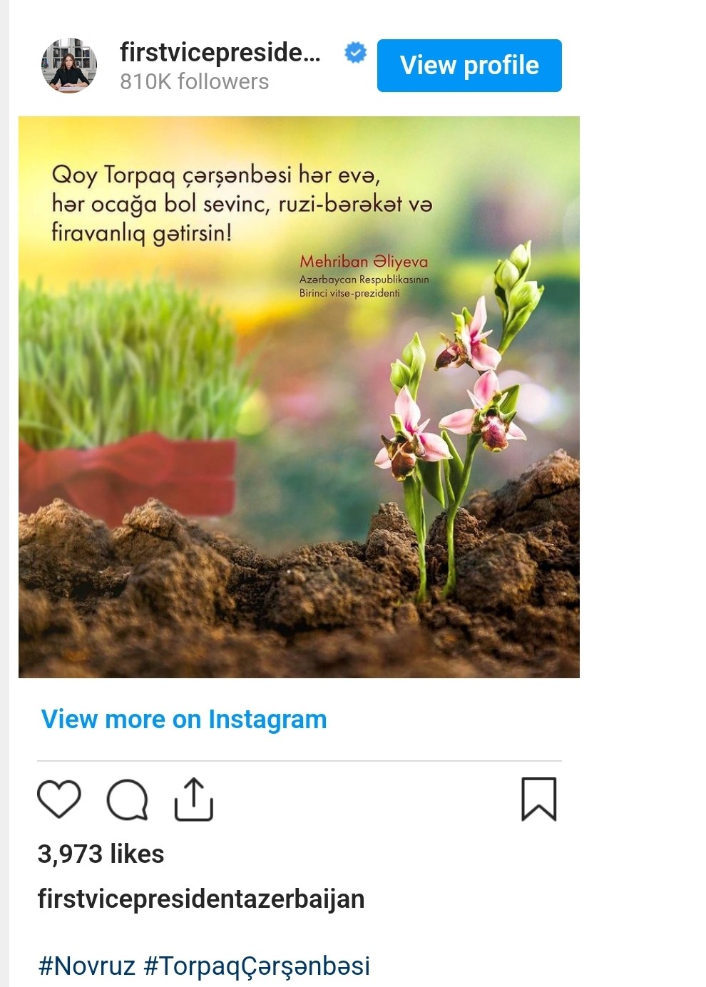 Mehriban Əliyeva Torpaq çərşənbəsi münasibətilə paylaşım etdi(FOTO)