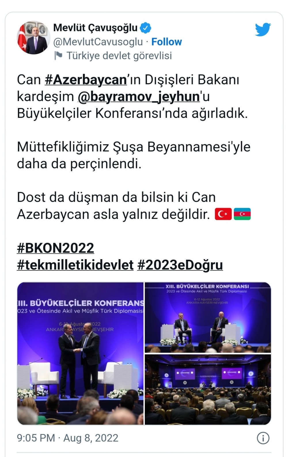 "Düşmən bilsin ki, can Azərbaycan heç vaxt tək deyil” -Çavuşoğlu