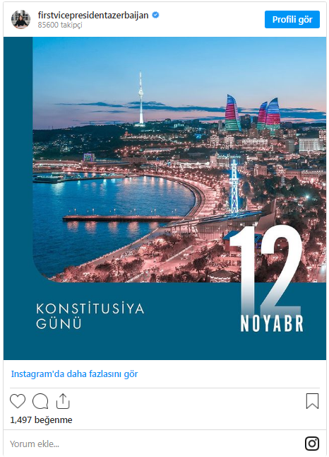 Mehriban Əliyeva Konstitusiya Günü ilə bağlı paylaşım edib- FOTO