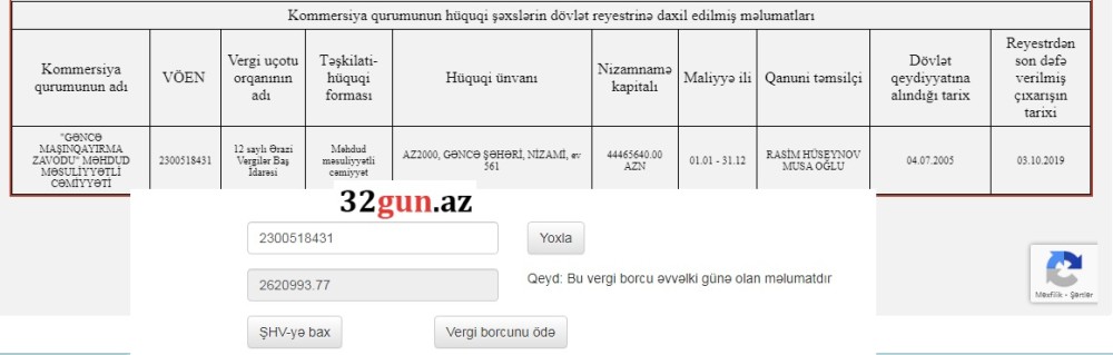 "Gəncə Maşınqayırma zavodu"nun dövlətə vergi borcu2.6 milyonu ötdü