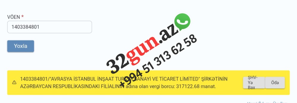 “Avrasya İstanbul” Şirkətinin Azərbaycandakı Filialının külli miqdarda VERGİ BORCU ORTAYA ÇIXDI
