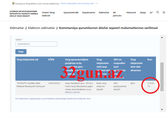 “FOODCITY GLOBAL-GIDA” MMC-nin vergi borcu yaranıb+ FOTO