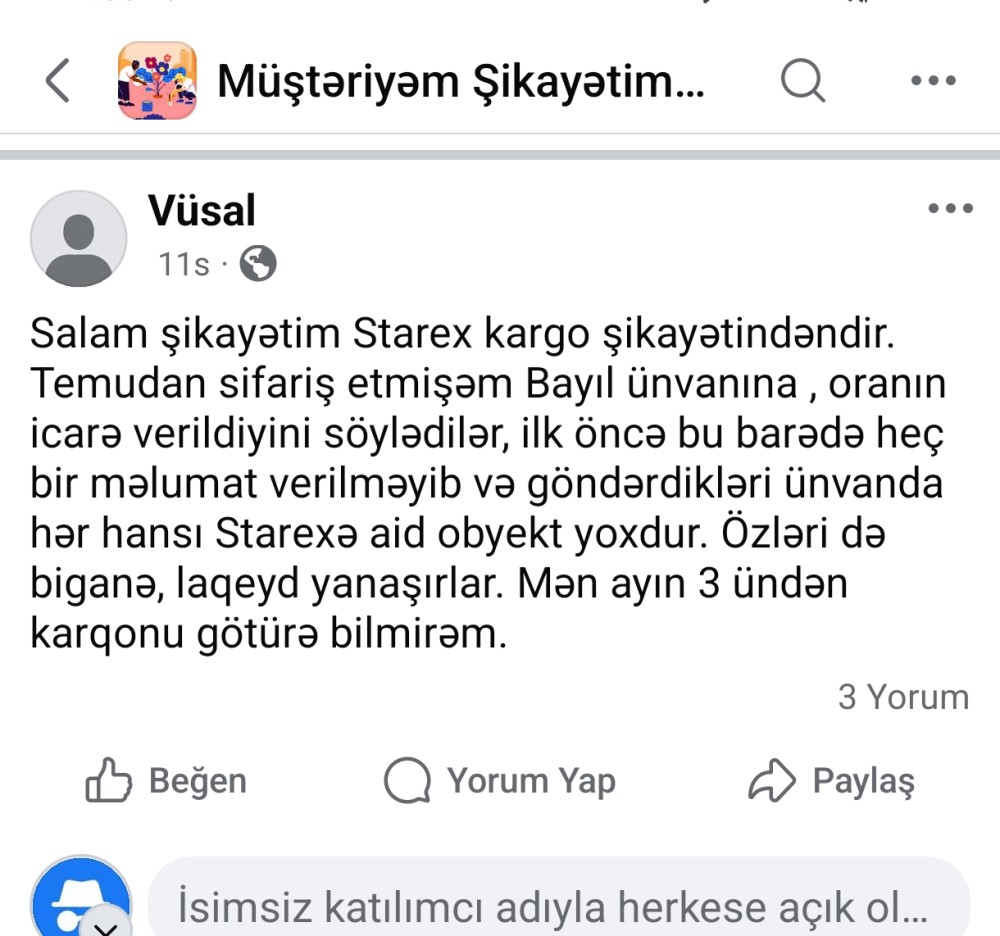 Bakıda vətəndaş Starex kargodan narazıdır: “Ünvan bağlanıb, karqomu ala bilmirəm”