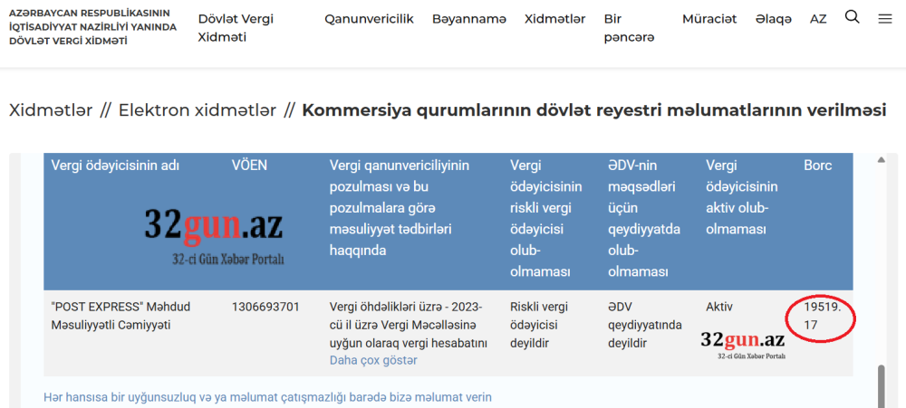 "POST EXPRESS" MMC-nin vergi borcu yaranıb