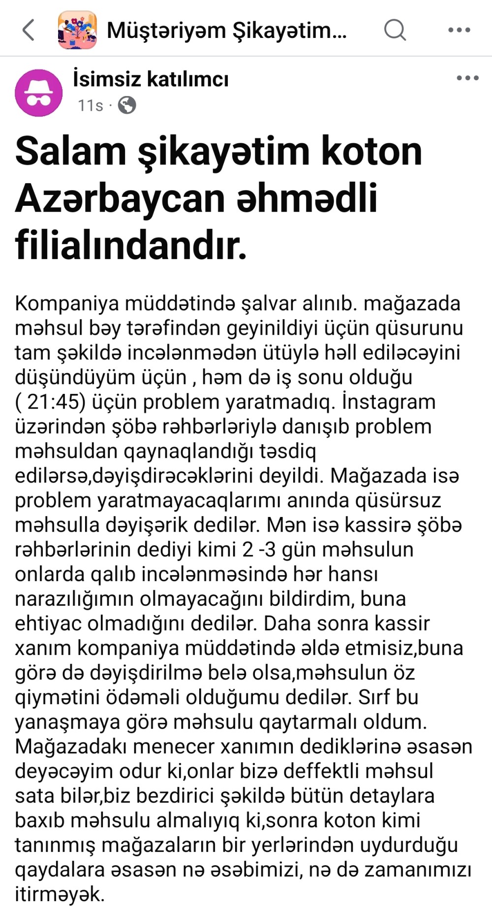 Koton Azərbaycan mağazasına narazılıq: “Bizə qüsurlu məhsul sata bilərlər, amma qaytardıqda bəhanə gətirirlər”