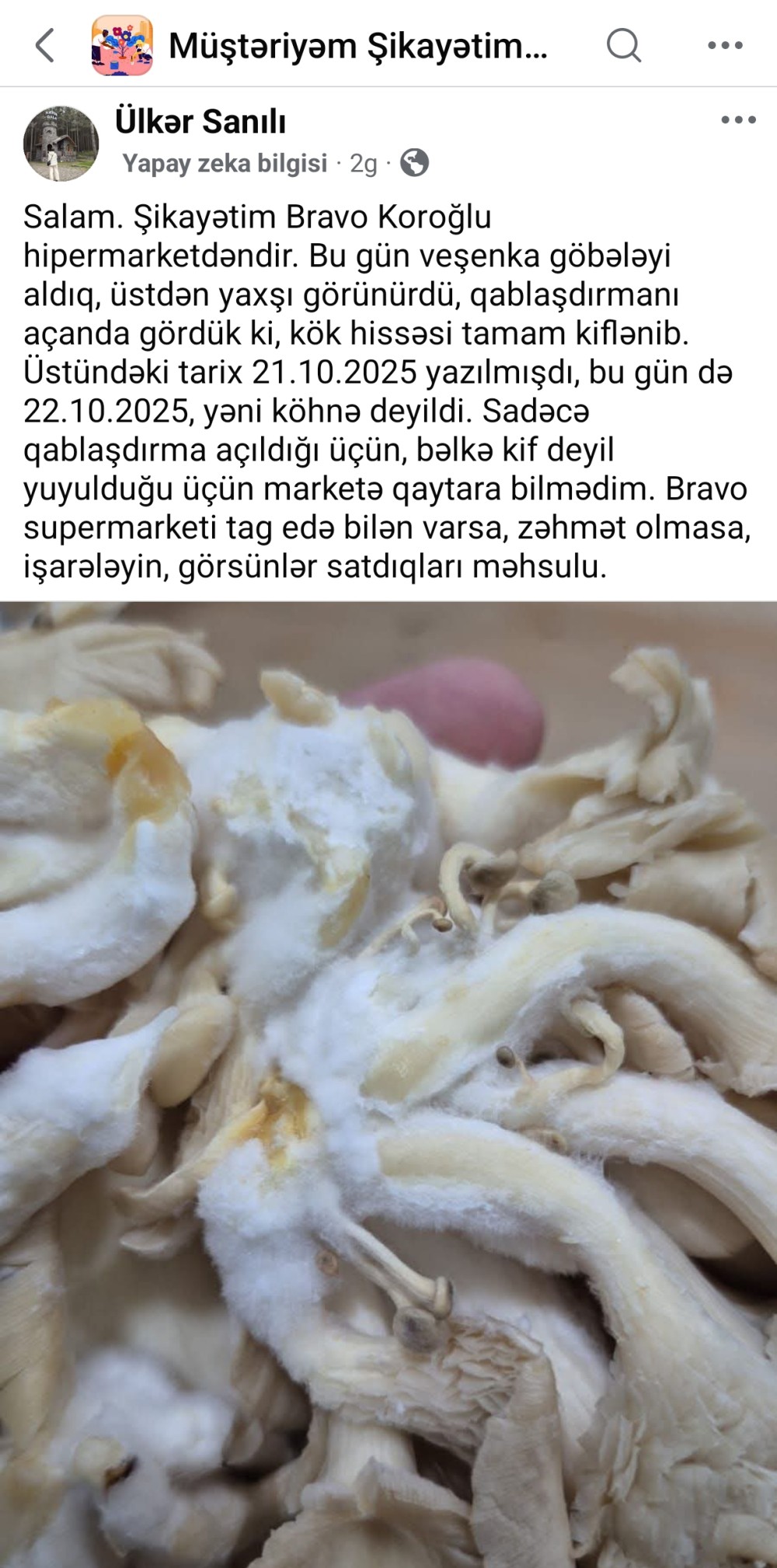 Müştəri "Bravo" Koroğlu hipermarketindən aldığı göbələyin kifli çıxdığını iddia edir