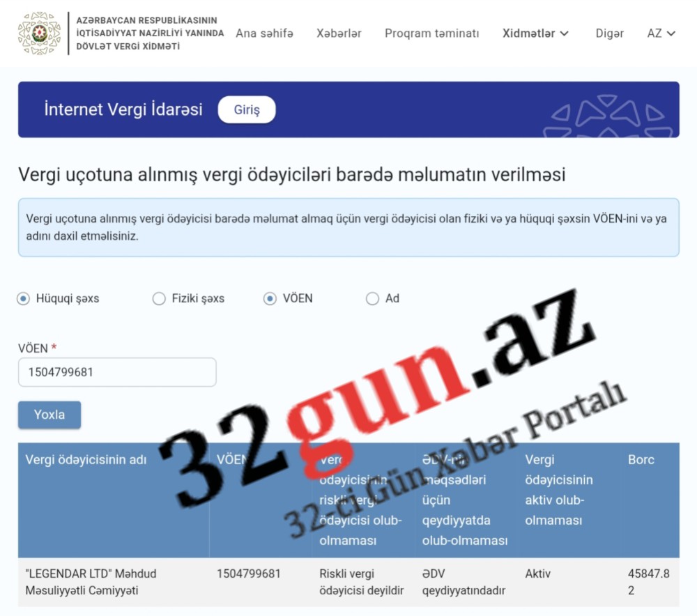 "LEGENDAR LTD" MMC-nin vergi borcu üzə çıxıb