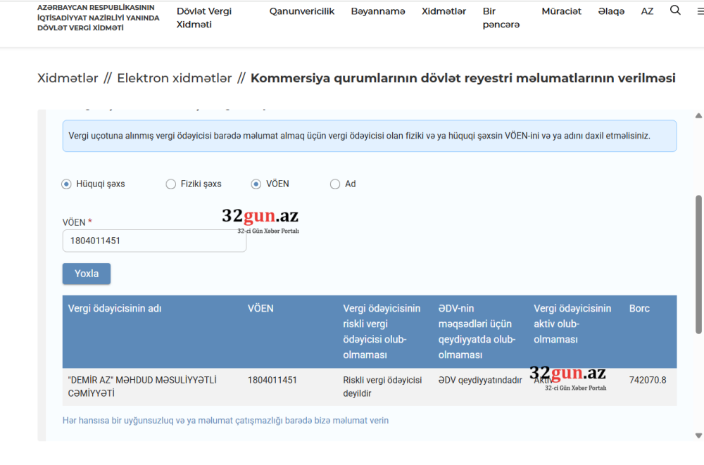 "DEMİR AZ"  MMC-nin külli miqdarda vergi borcu üzə çıxıb