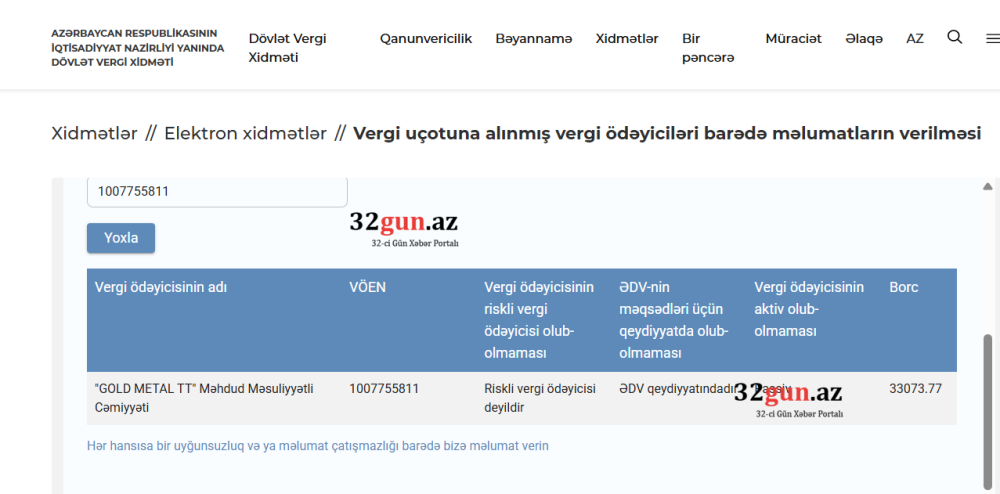 GOLD METAL TT” MMC-nin 33 min manatlıq vergi borcu üzə çıxıb