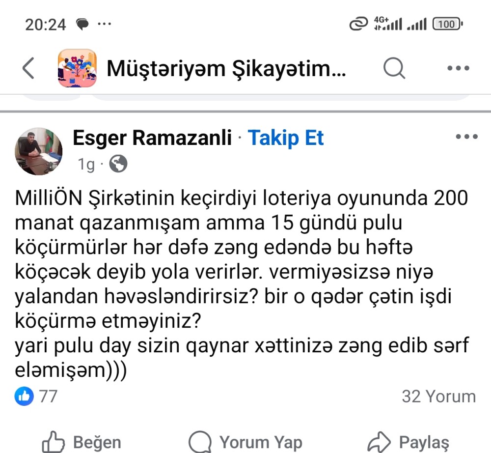 MilliÖN-ün lotereya qalibi 15 gündür pulunu ala bilmir – “Hər dəfə deyirlər ki, bu həftə köçəcək”