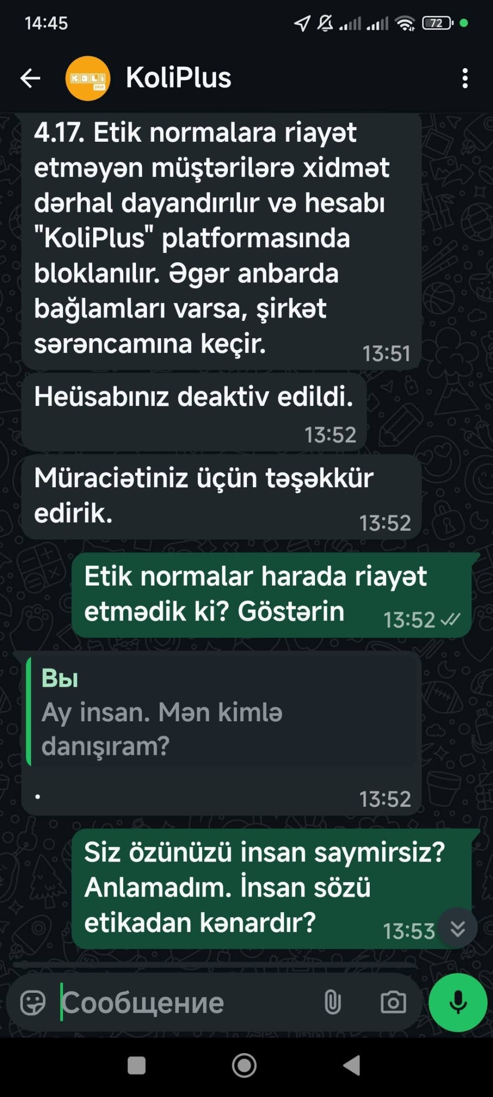 "Koliplus" Müştəri Xidməti “Ay İnsan” Səbəbilə Hesabı Blokladı