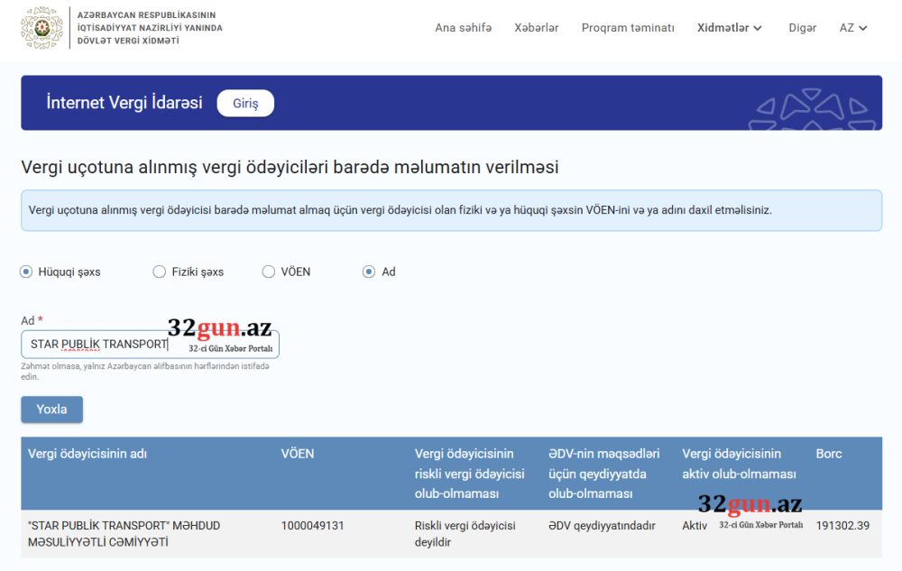 "Star Publik Transport” MMC-nin vergi borcu yenidən üzə çıxıb